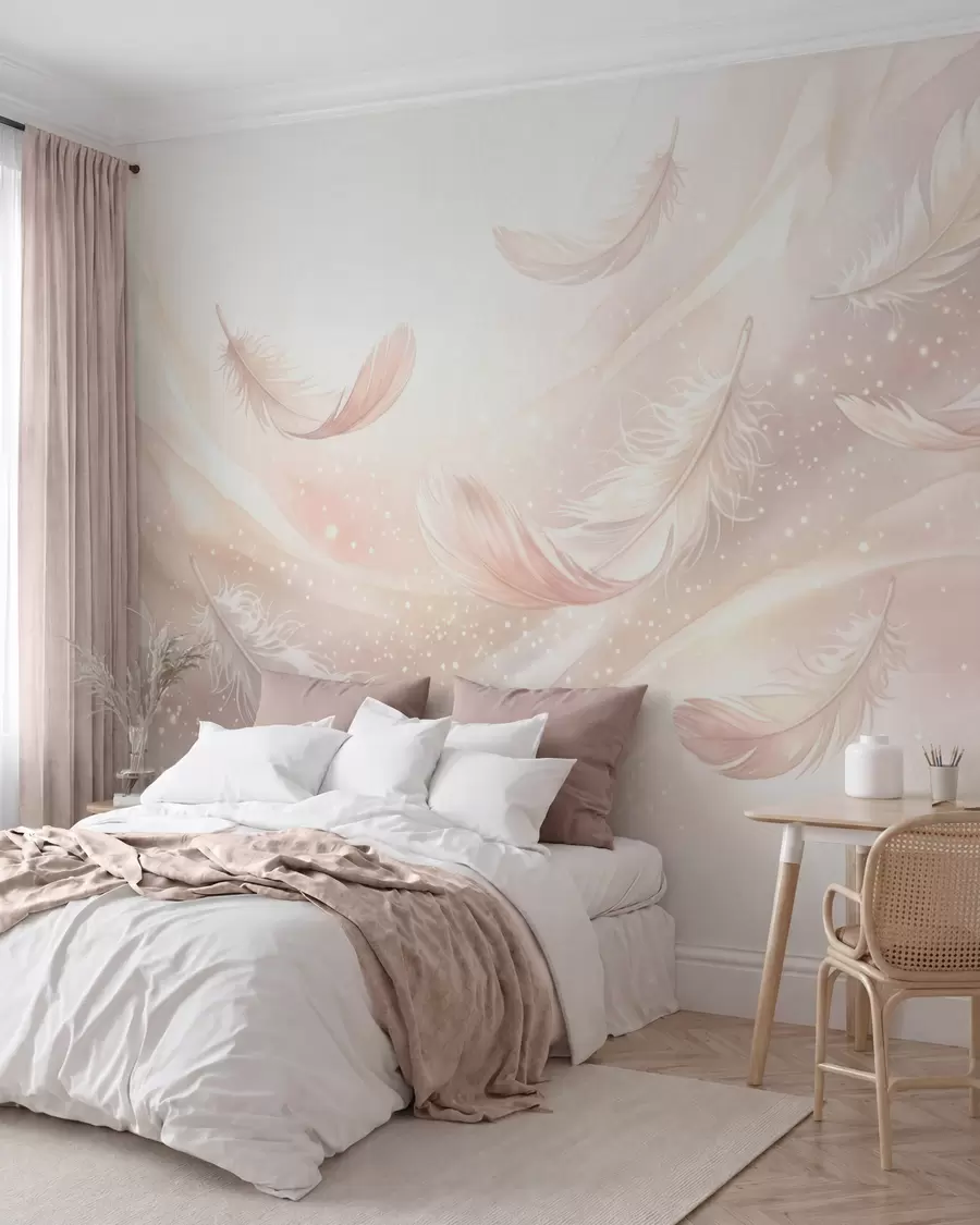 murales de pared Plumas delicadas y etéreas en una neblina de color rosa melocotón con destellos w10003