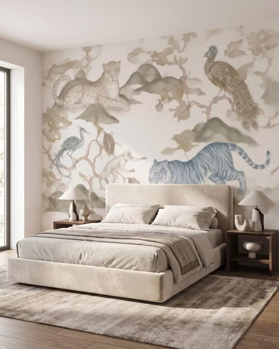 murales de pared Jardín imperial con animales de estilo oriental: mono, leopardo, tigre, pavo real y garza w10011