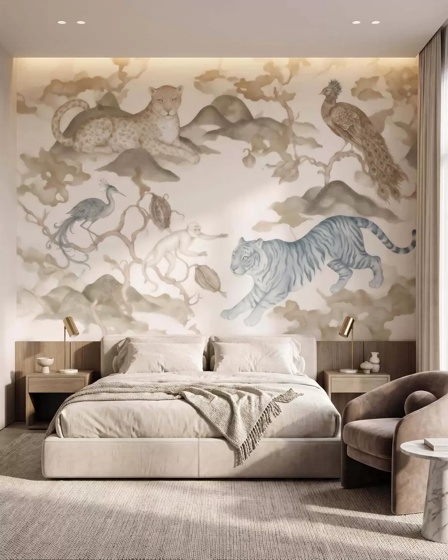 murales de pared Jardín imperial con animales de estilo oriental: mono, leopardo, tigre, pavo real y garza w10011