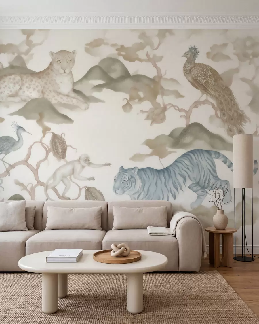 murales de pared Jardín imperial con animales de estilo oriental: mono, leopardo, tigre, pavo real y garza w10011