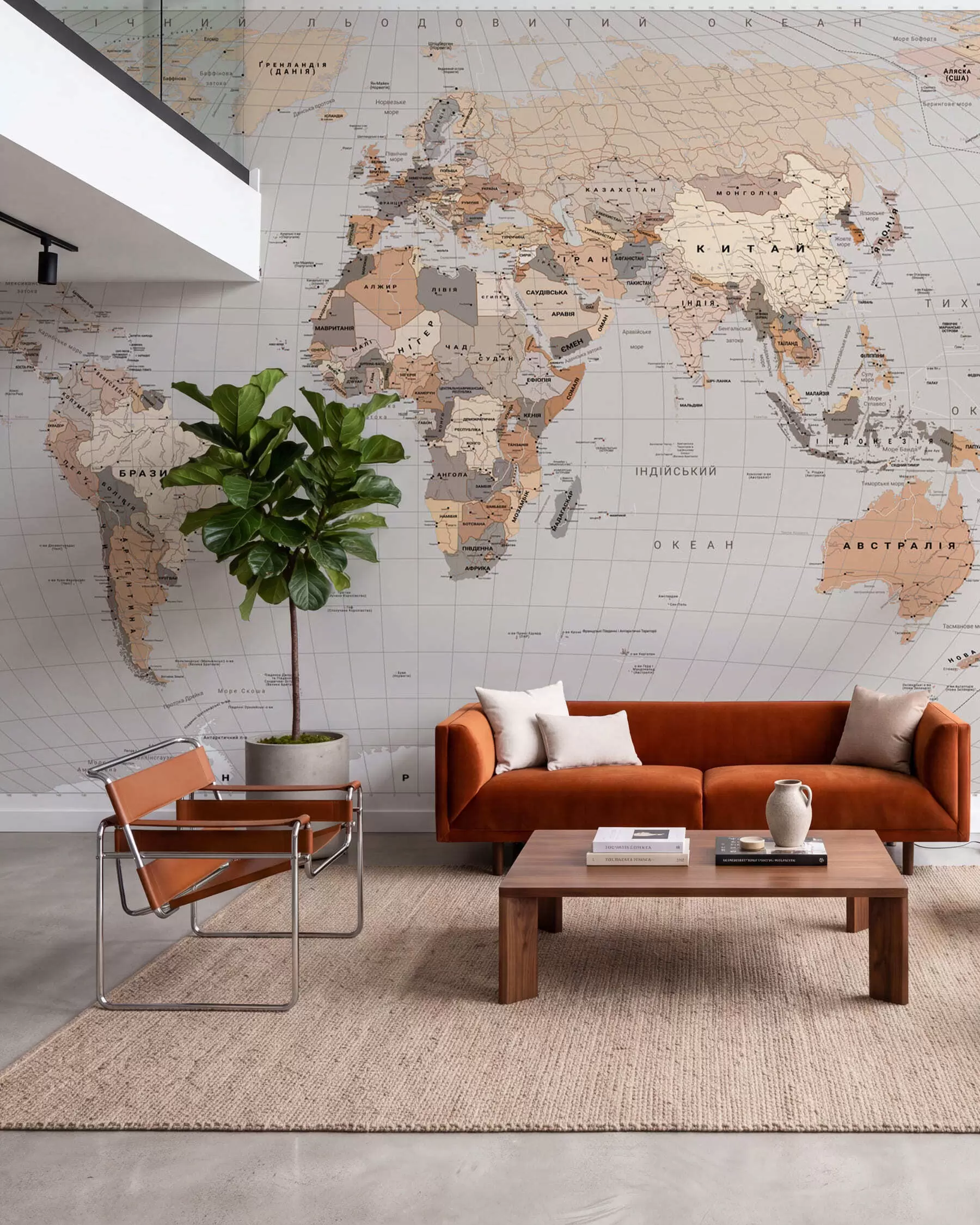 murales de pared Un mapa político del mundo en tonos beige con banderas de Ucrania c00016ukv1