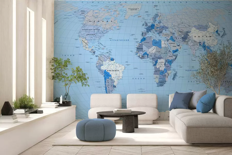 murales de pared Mapa político del mundo en azul con banderas, en ucraniano c00016ukv2