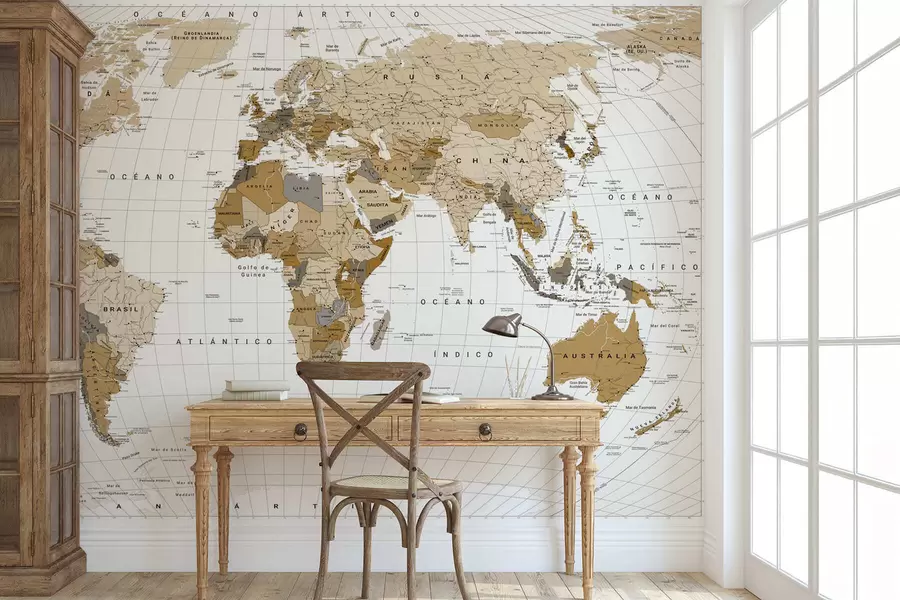 murales de pared Un mapa político del mundo en color marrón con banderas en español c00016es