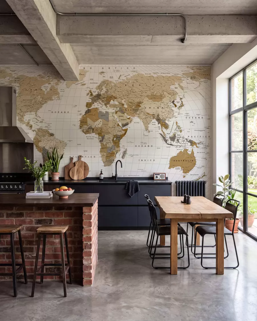murales de pared Un mapa político del mundo en color marrón con banderas en español c00016es
