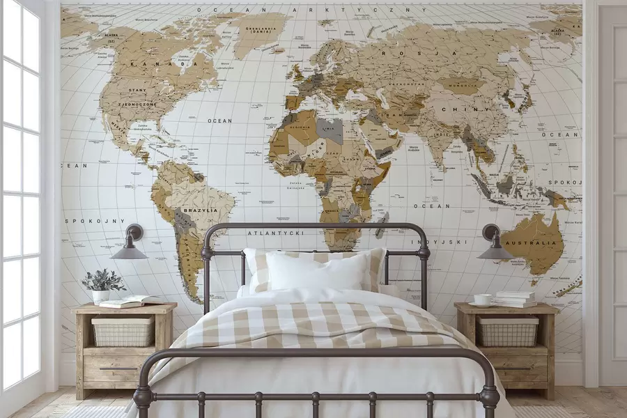 murales de pared Un mapa político del mundo en tonos marrones con banderas en polaco c00016pl