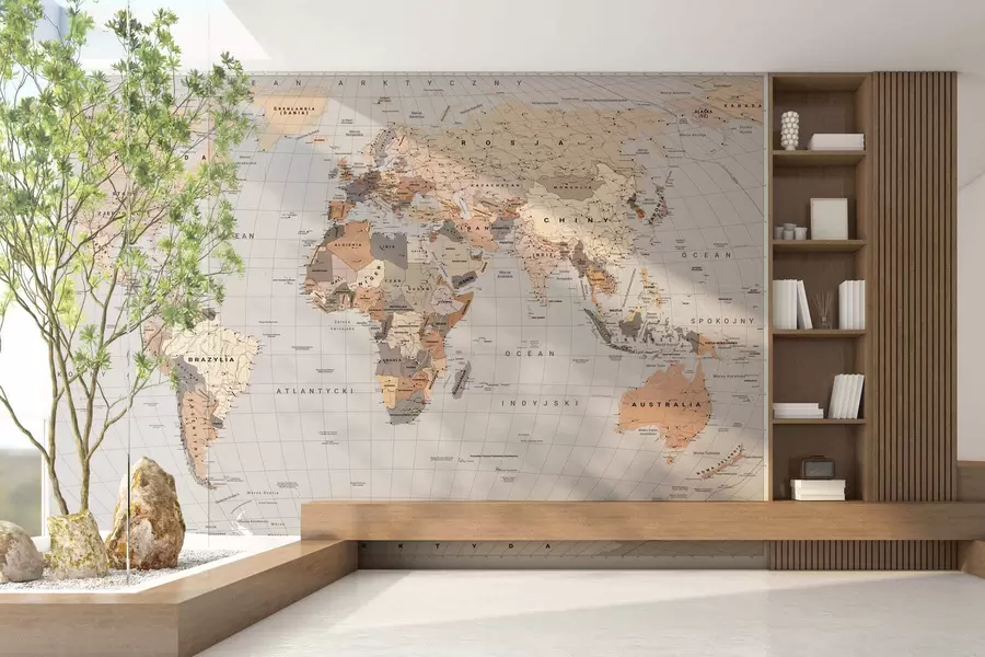 murales de pared Un mapa político del mundo en tonos beige con banderas en polaco c00016plv1