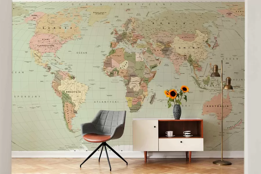 murales de pared Mapa político del mundo en color verde oliva con banderas, en polaco c00016plv3