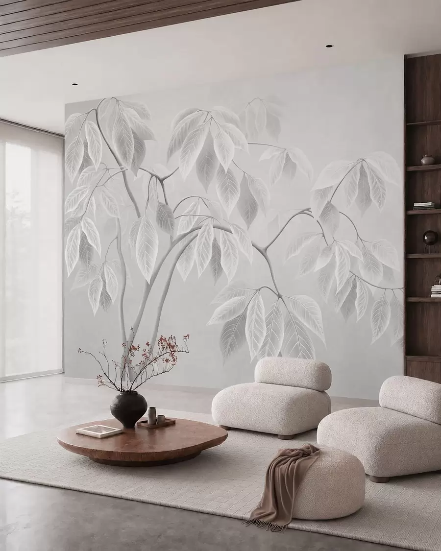 murales de pared Ramas claras con hojas grandes sobre un fondo suave w05806