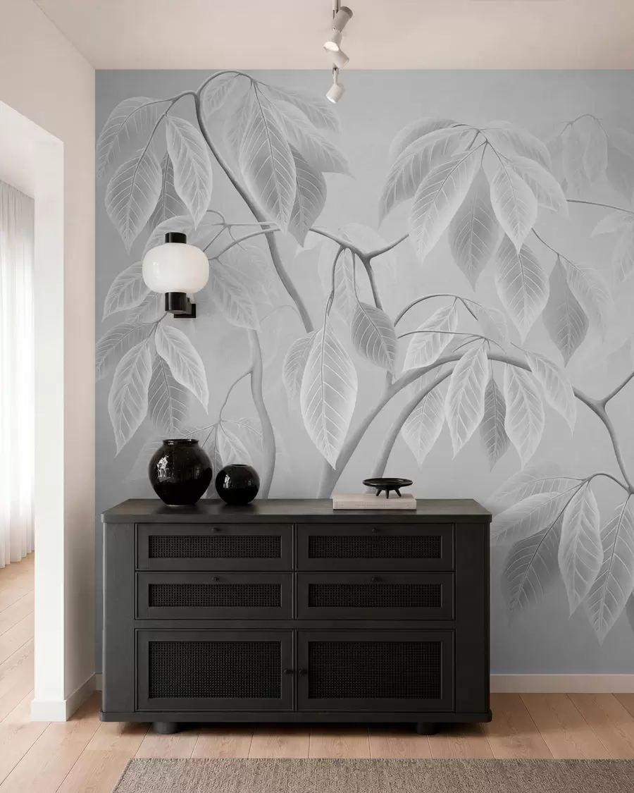 murales de pared Ramas claras con hojas grandes sobre un fondo suave w05806