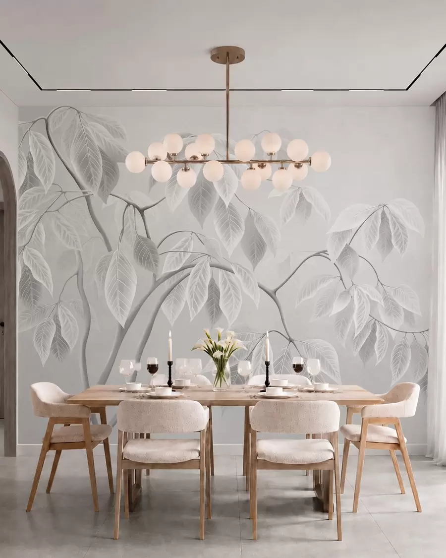 murales de pared Ramas claras con hojas grandes sobre un fondo suave w05806
