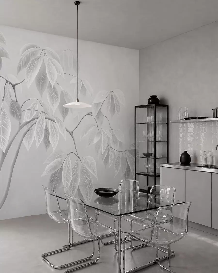 murales de pared Ramas claras con hojas grandes sobre un fondo suave w05806