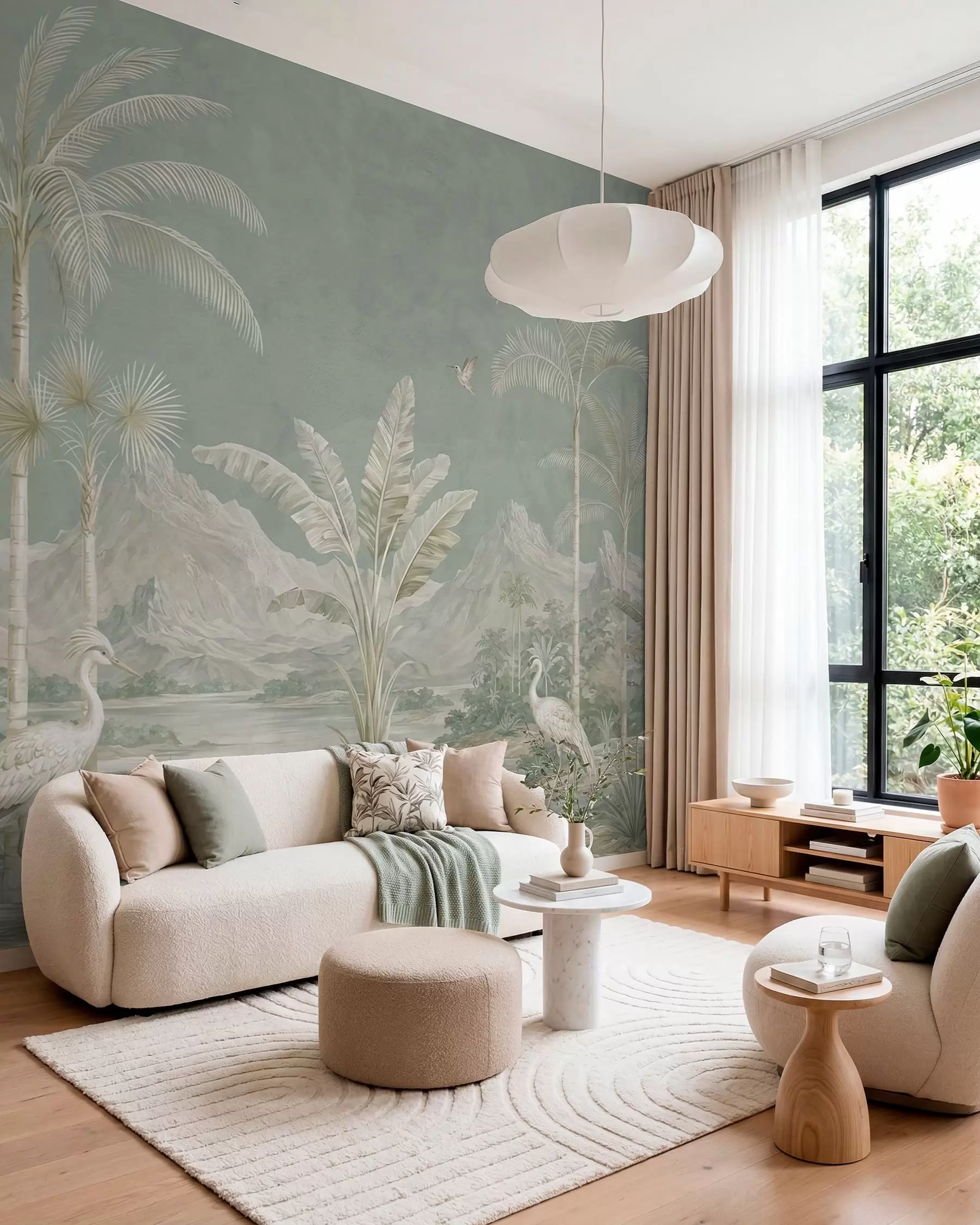 murales de pared Paisaje tropical en suaves tonos verdes w05819