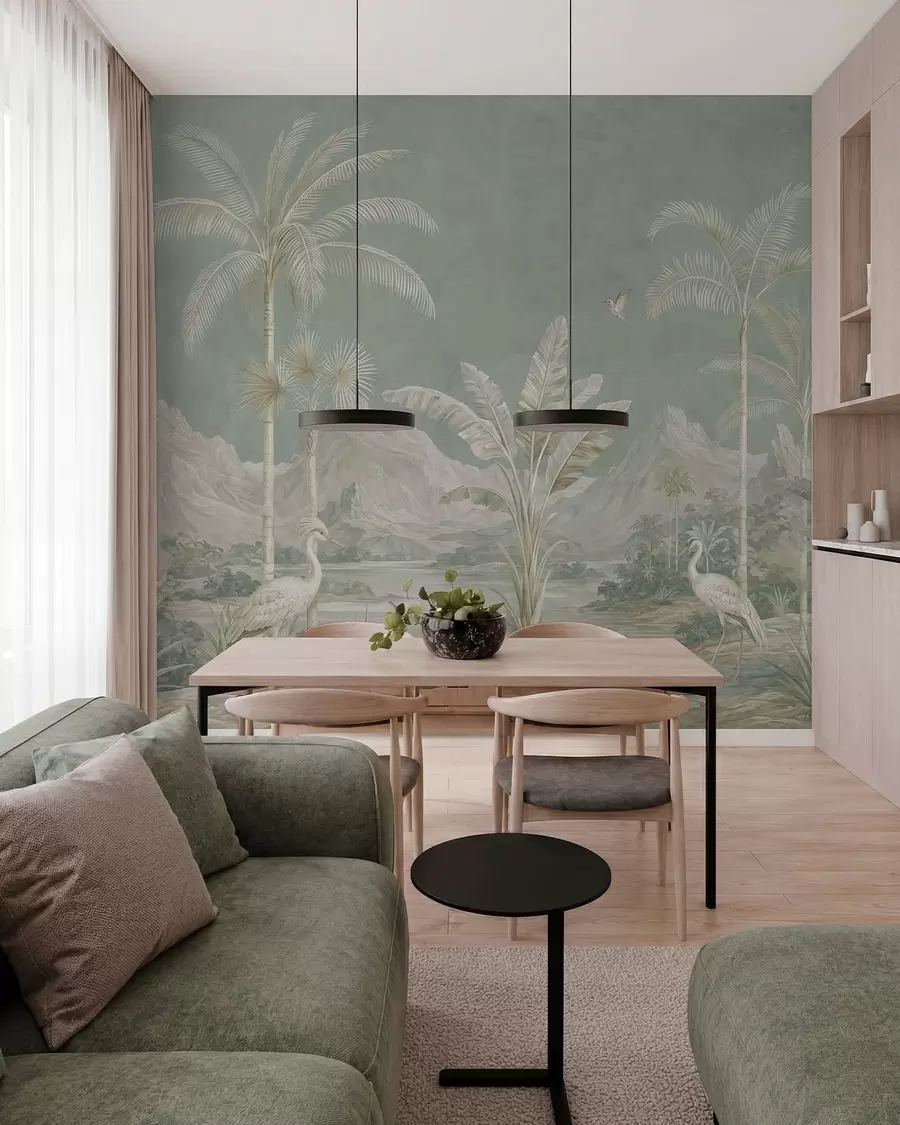murales de pared Paisaje tropical en suaves tonos verdes w05819