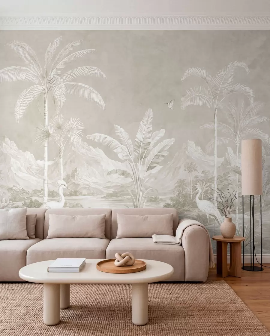 murales de pared Paisaje tropical luminoso con palmeras, pájaros y montañas w05819v1