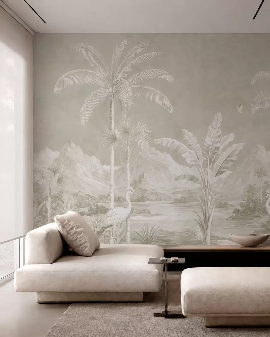 murales de pared Paisaje tropical luminoso con palmeras, pájaros y montañas w05819v1