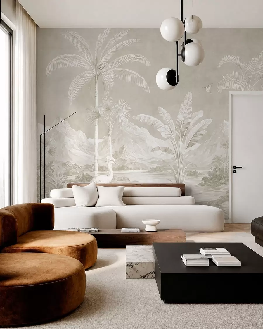 murales de pared Paisaje tropical luminoso con palmeras, pájaros y montañas w05819v1