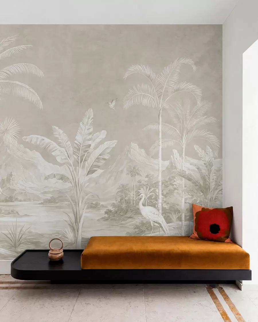 murales de pared Paisaje tropical luminoso con palmeras, pájaros y montañas w05819v1