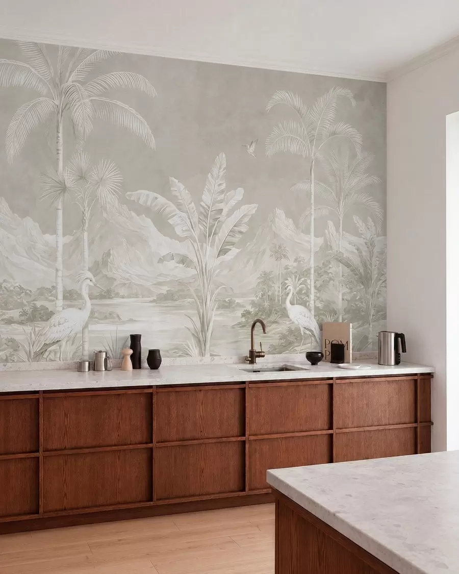 murales de pared Paisaje tropical luminoso con palmeras, pájaros y montañas w05819v1
