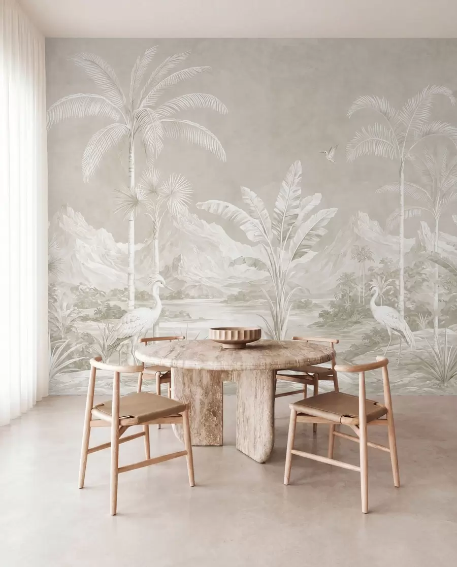 murales de pared Paisaje tropical luminoso con palmeras, pájaros y montañas w05819v1