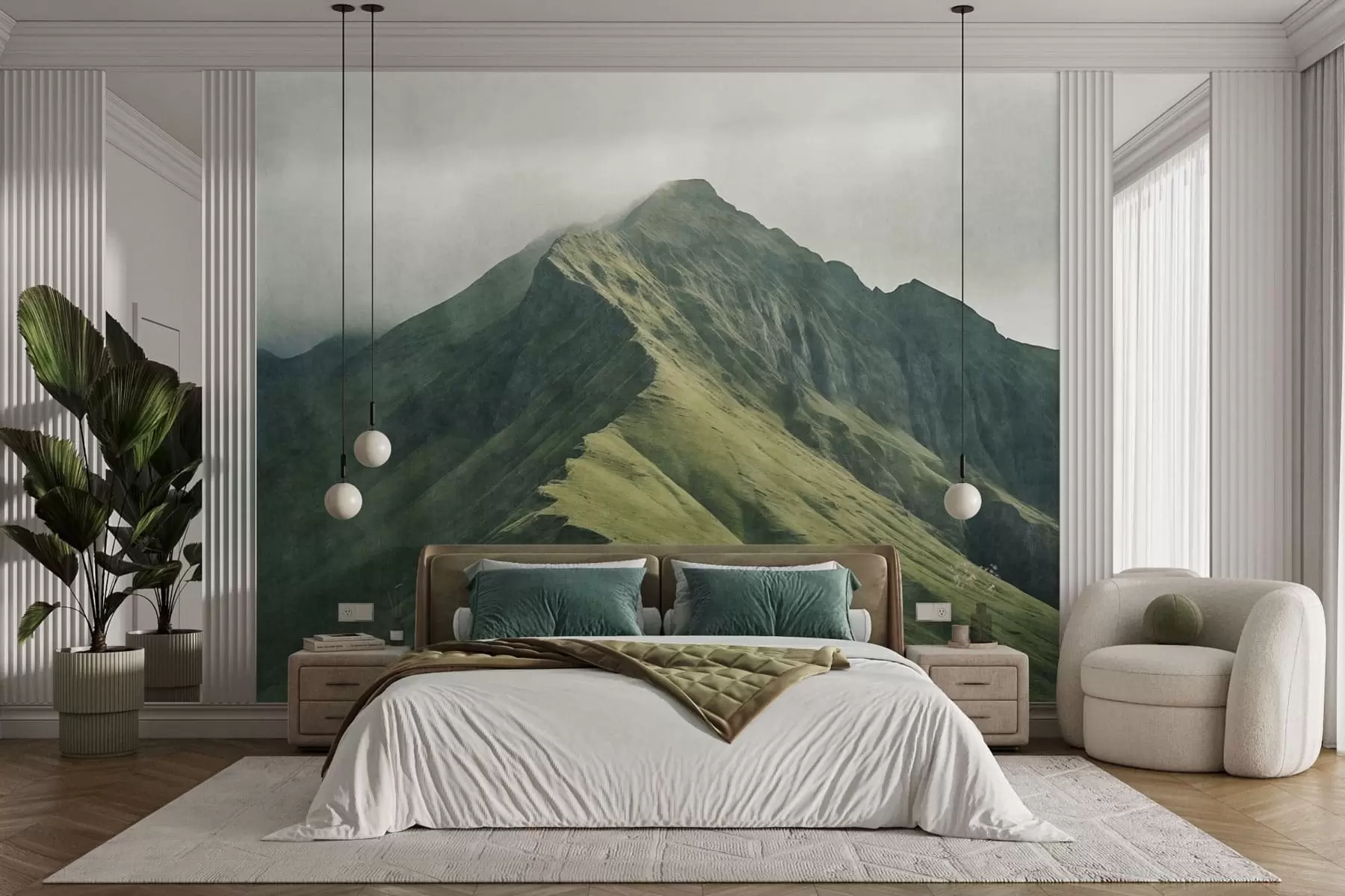 murales de pared Malaquita de montaña con laderas verdes y una cima envuelta en una suave bruma w05820