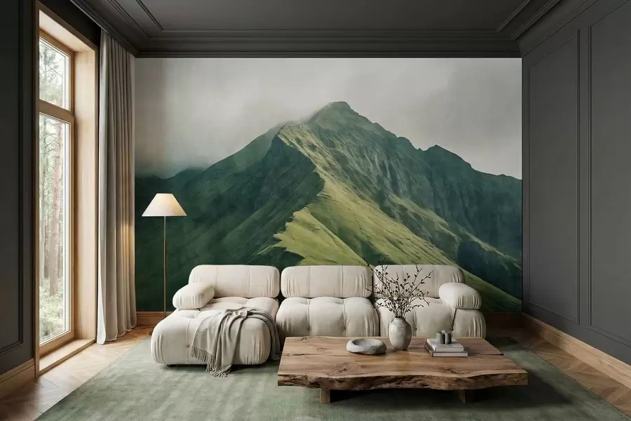 murales de pared Malaquita de montaña con laderas verdes y una cima envuelta en una suave bruma w05820
