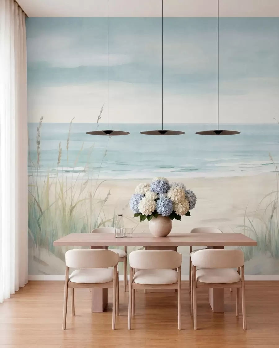 murales de pared Arena con conchas, una suave orilla y hierba en suaves tonos pastel w05821
