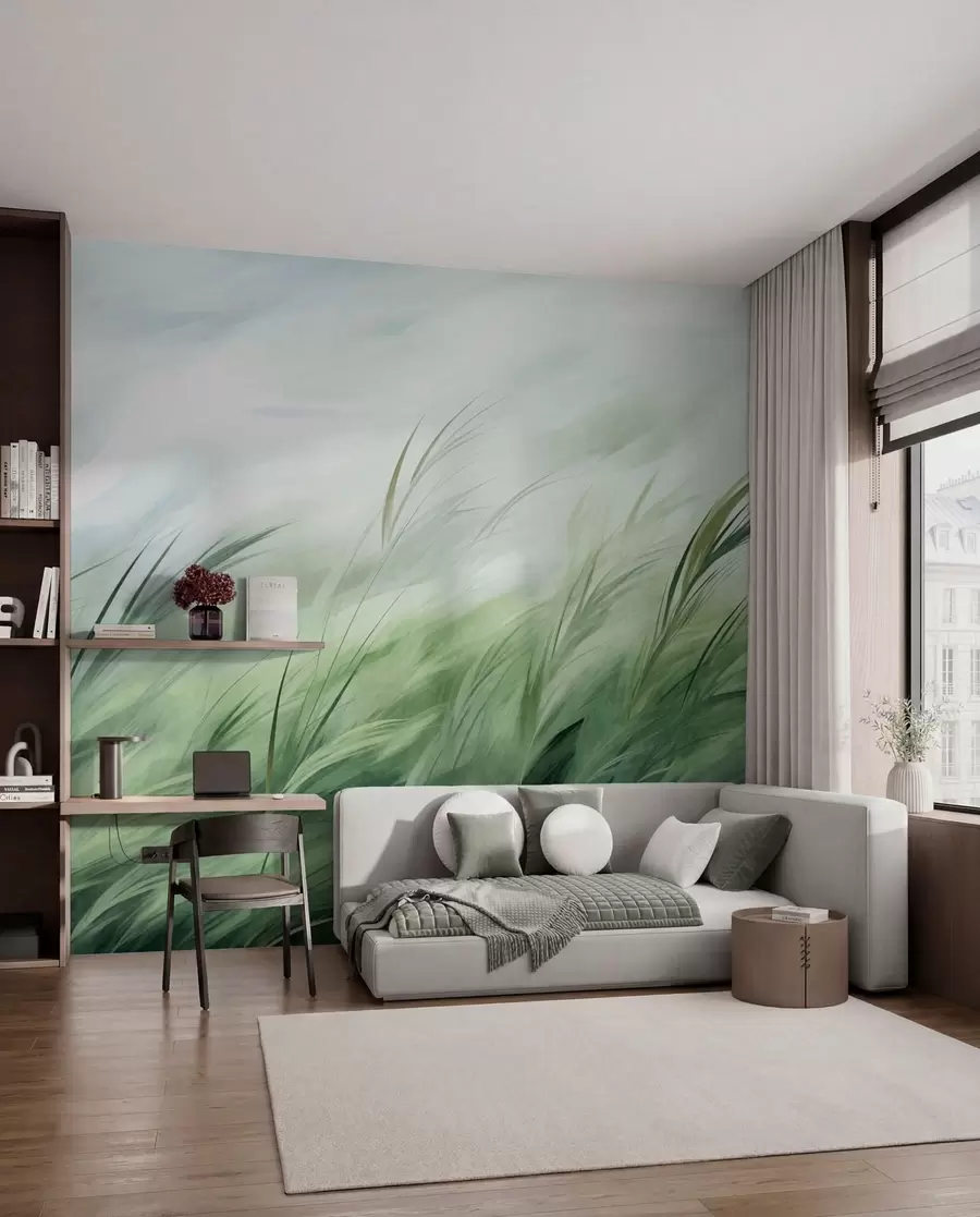 murales de pared Verde salvia con delicadas hierbas que se mecen suavemente con la brisa tranquila w05853