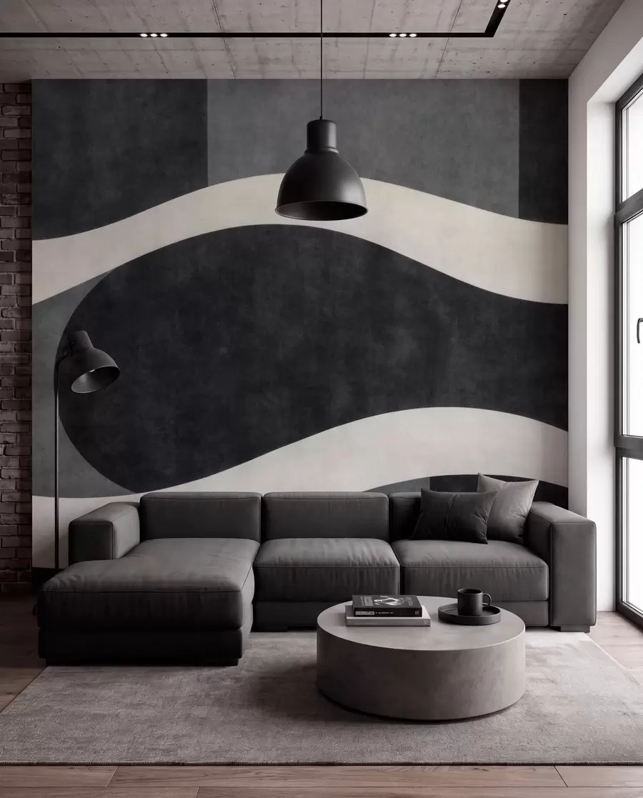 murales de pared Grafito con onduladas formas pálidas sobre un fondo de color gris carbón intenso w05854