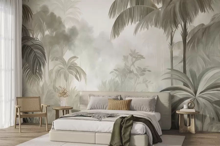 murales de pared Paisaje selvático con textura, con palmeras y una exuberante vegetación, en un estilo suave y pictórico w10016