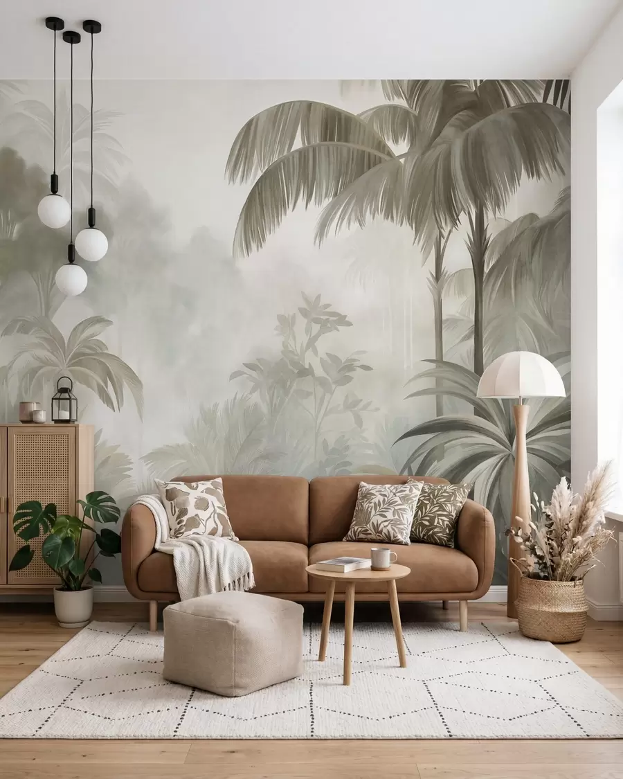 murales de pared Paisaje selvático con textura, con palmeras y una exuberante vegetación, en un estilo suave y pictórico w10016