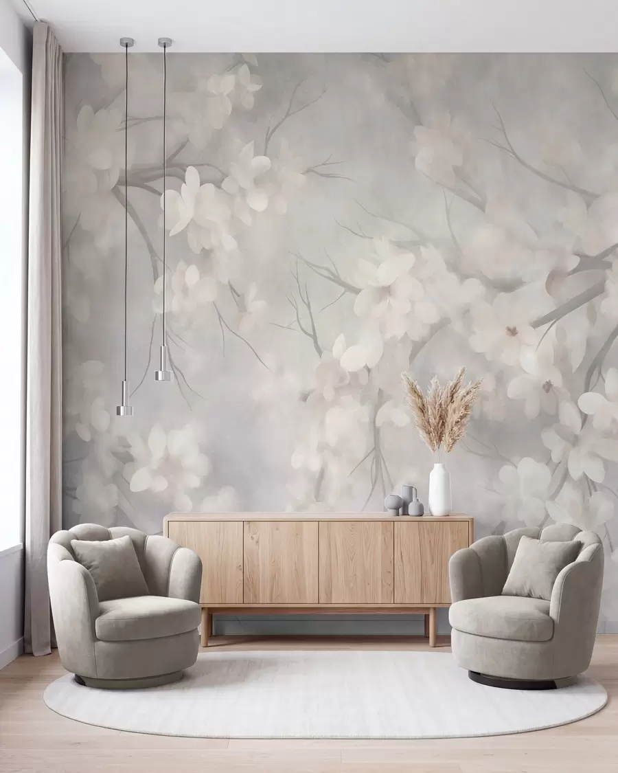 murales de pared Flores de cerezo blancas en ramas delgadas, difuminadas, sobre un fondo gris claro, obra de arte con textura w10012