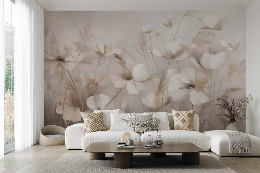 murales de pared Un campo de flores de colores claros y hierbas altas en tonos apagados, obra de arte con textura w10019