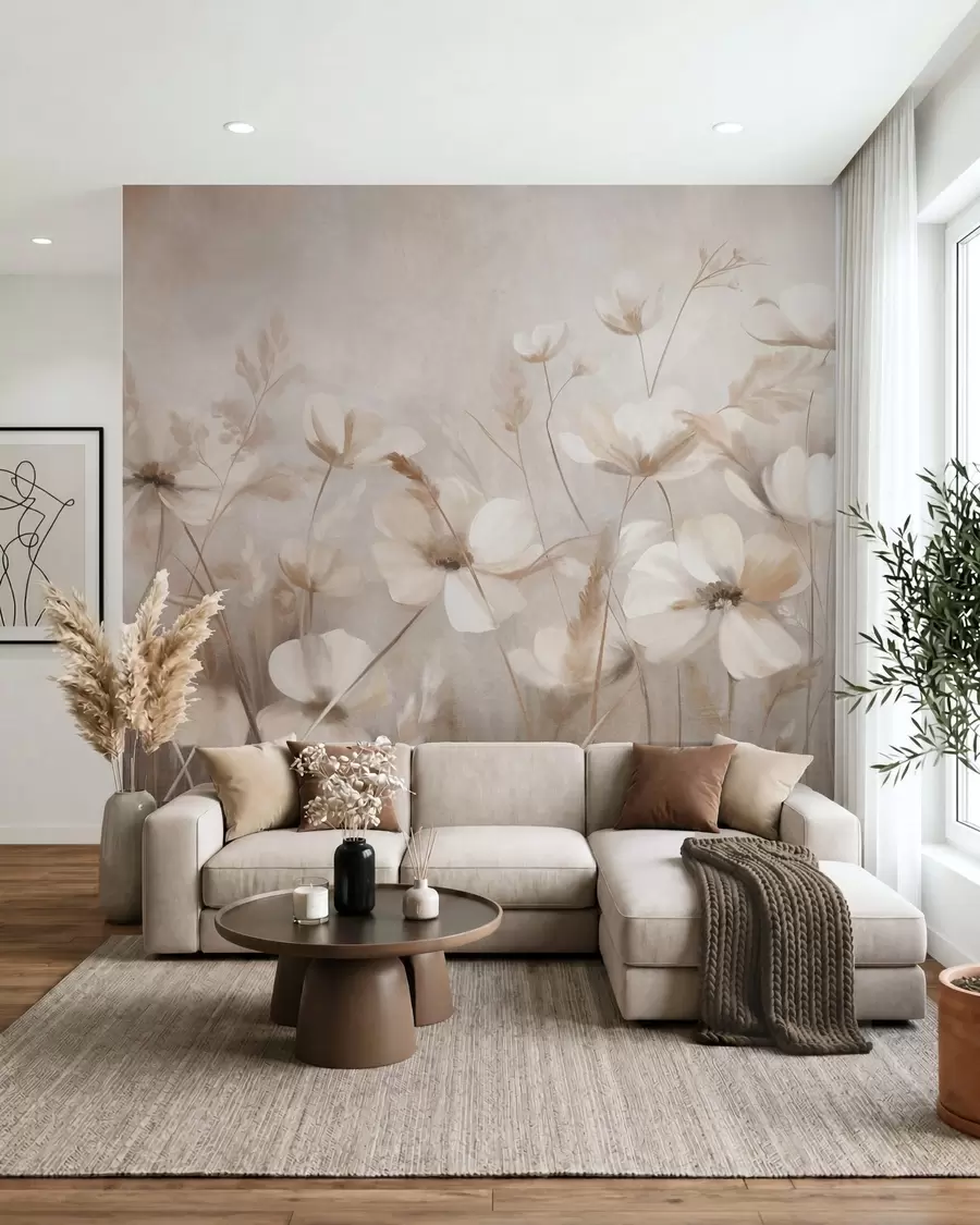 murales de pared Un campo de flores de colores claros y hierbas altas en tonos apagados, obra de arte con textura w10019
