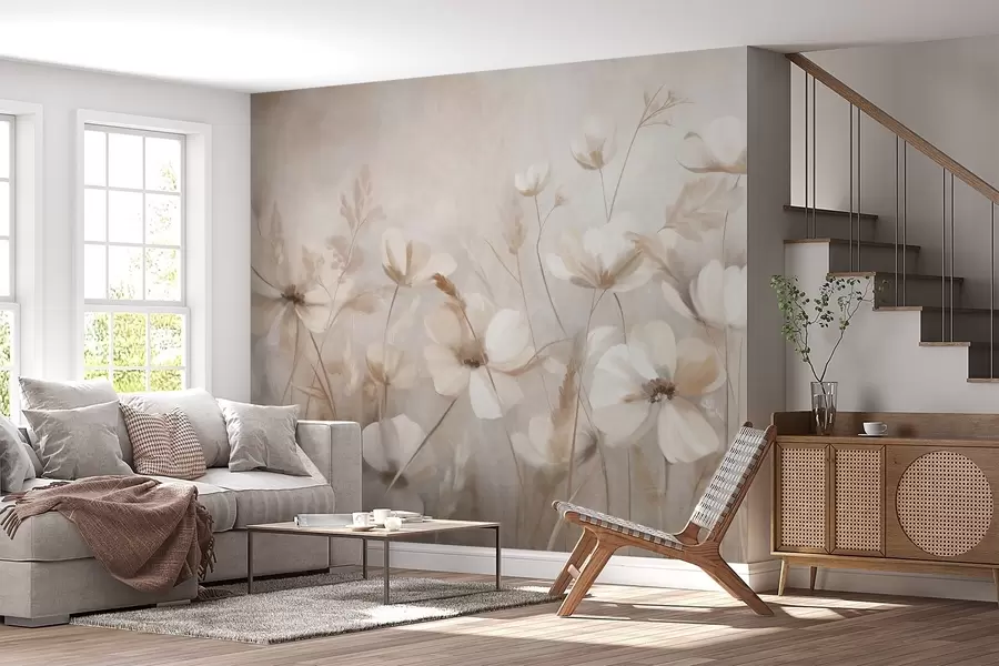 murales de pared Un campo de flores de colores claros y hierbas altas en tonos apagados, obra de arte con textura w10019