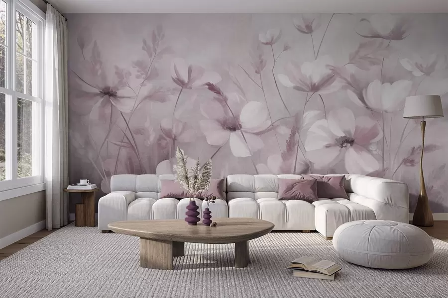 murales de pared Un campo de flores de colores claros y hierbas altas en tonos apagados, obra de arte con textura w10019v1
