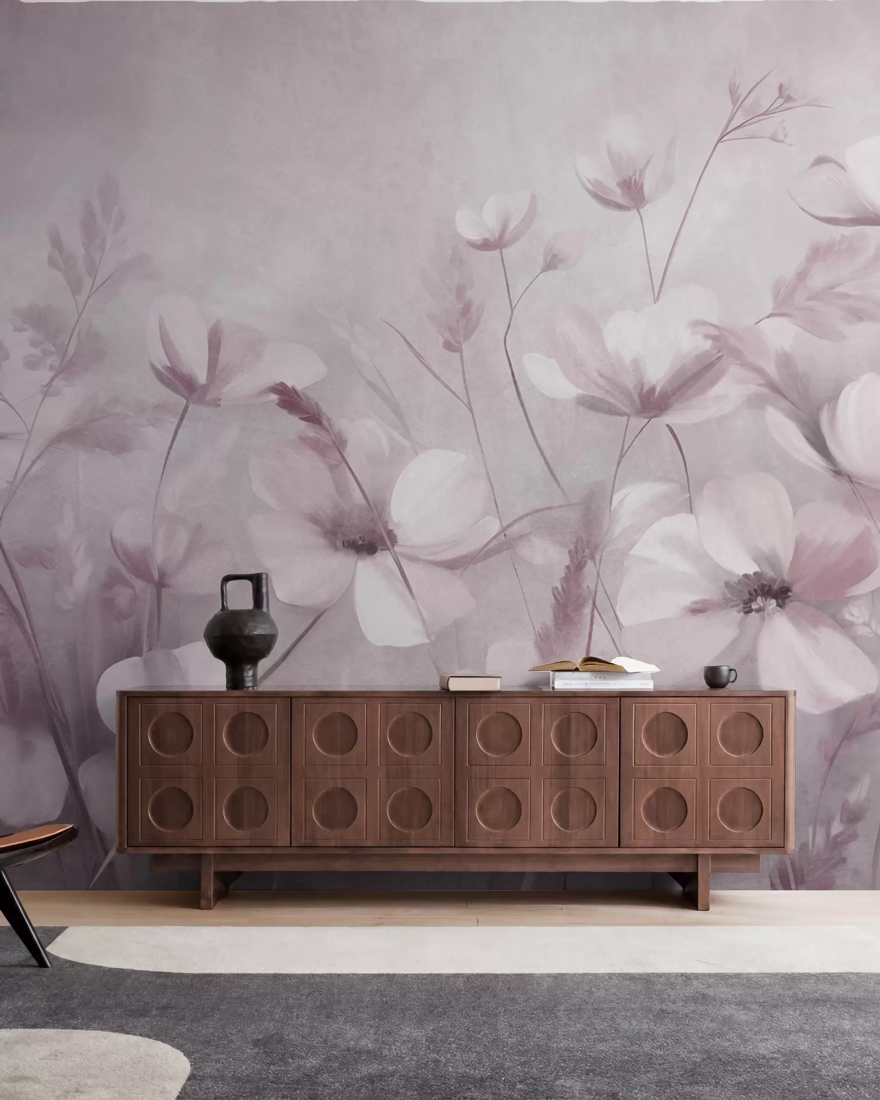 murales de pared Un campo de flores de colores claros y hierbas altas en tonos apagados, obra de arte con textura w10019v1