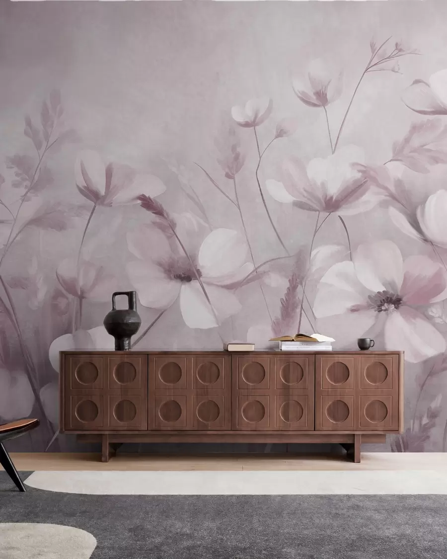 murales de pared Un campo de flores de colores claros y hierbas altas en tonos apagados, obra de arte con textura w10019v1