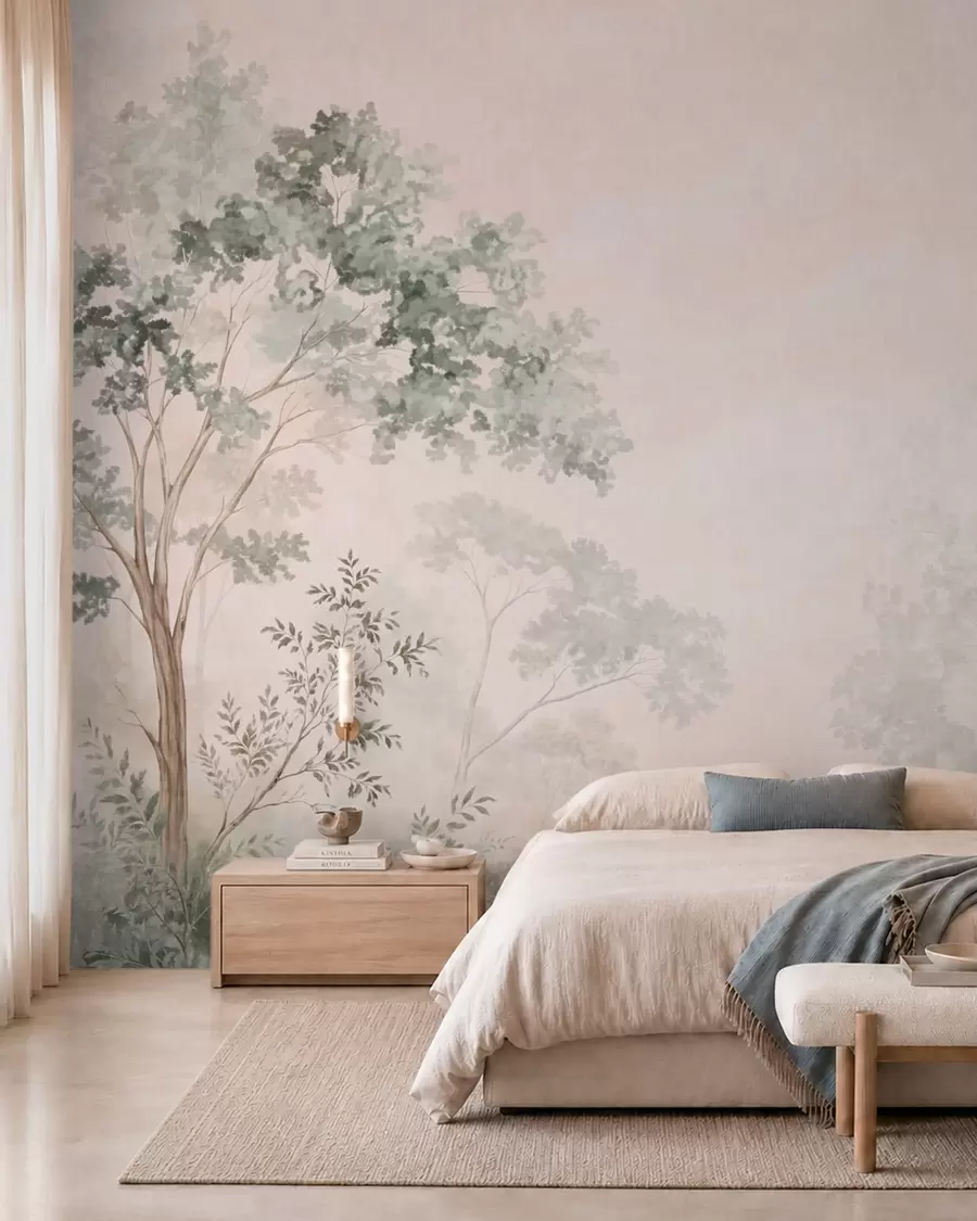 murales de pared Árboles y arbustos del bosque en tonos pastel difuminados w05856