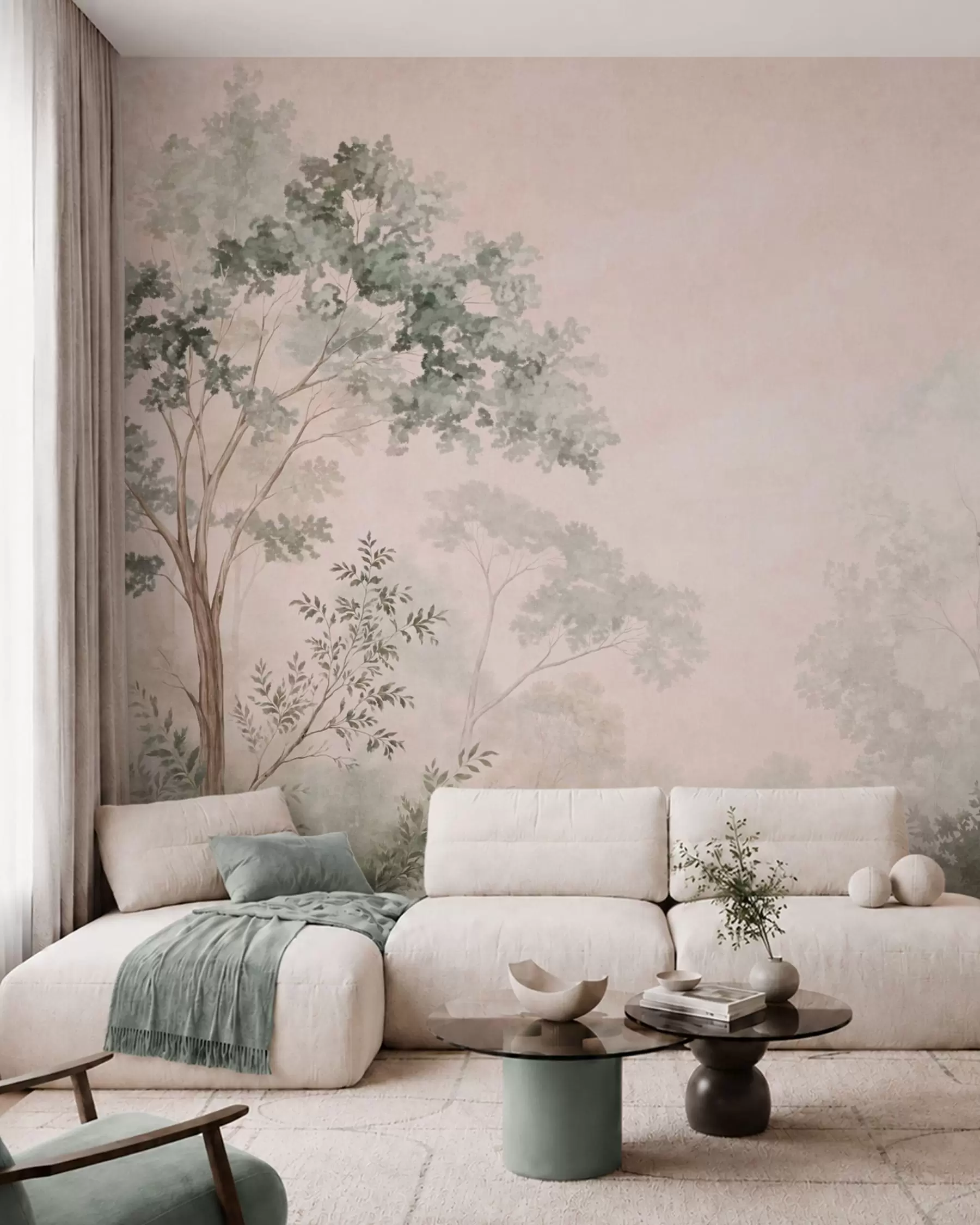 murales de pared Árboles y arbustos del bosque en tonos pastel difuminados w05856