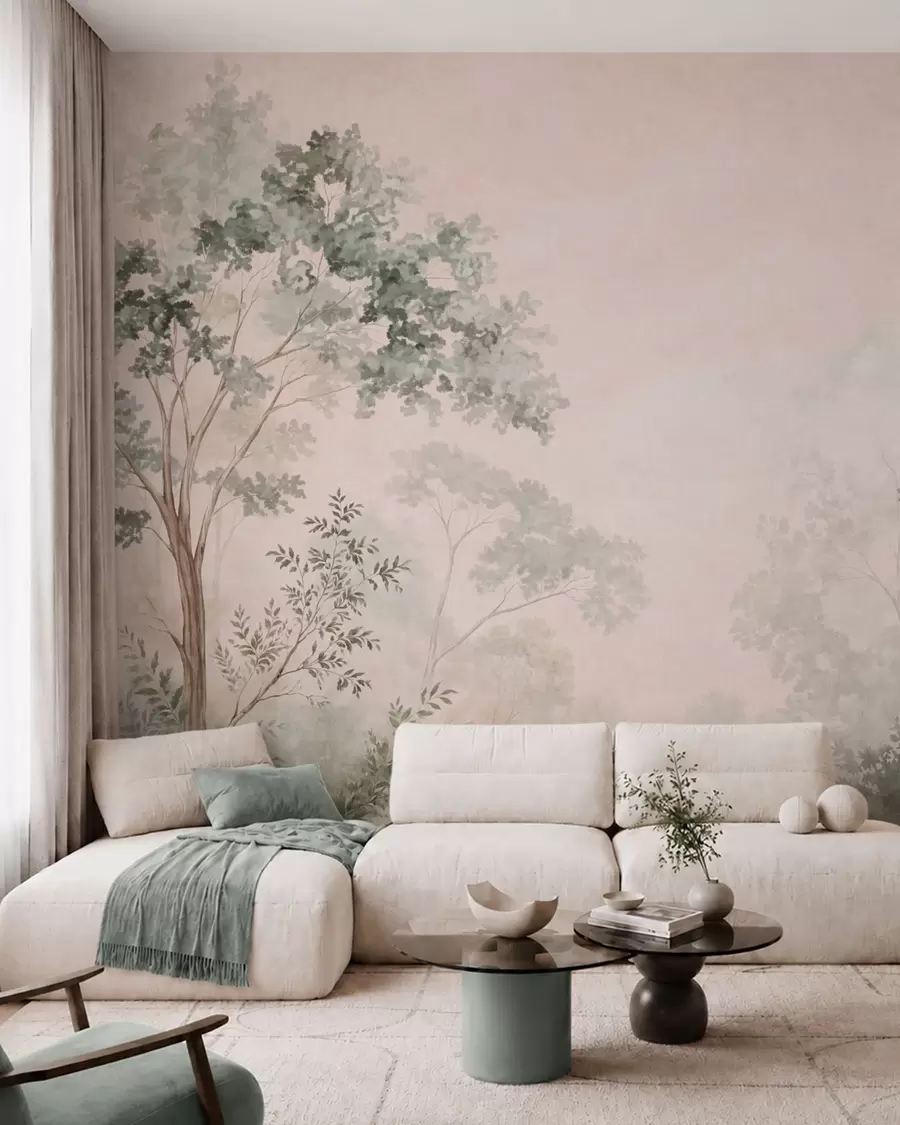 murales de pared Árboles y arbustos del bosque en tonos pastel difuminados w05856