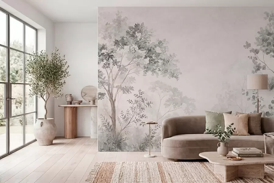 murales de pared Árboles del bosque y vegetación sobre un fondo con una ligera bruma w05856v1