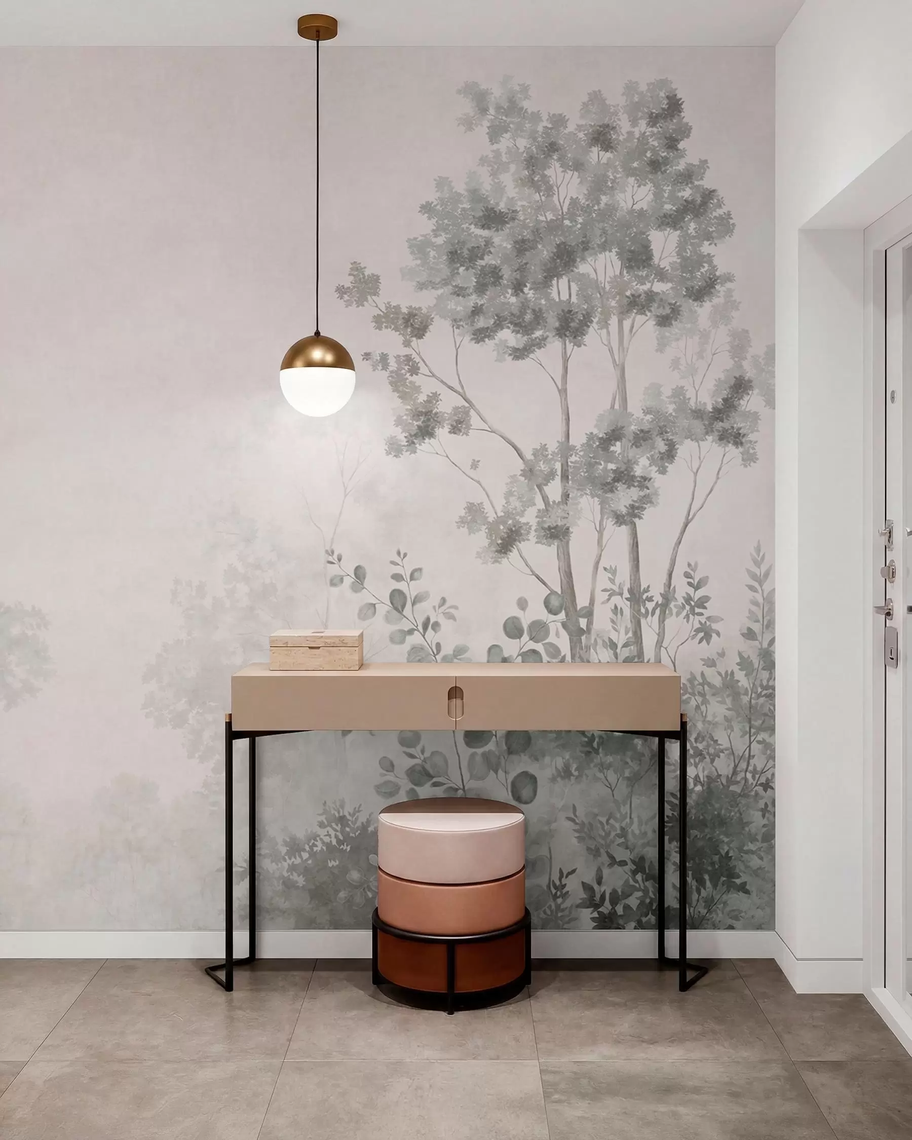 murales de pared Árboles del bosque y vegetación sobre un fondo con una ligera bruma w05856v1