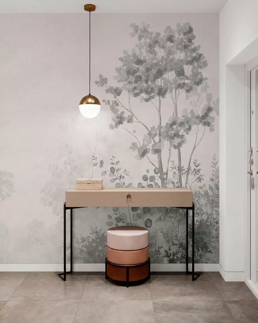 murales de pared Árboles del bosque y vegetación sobre un fondo con una ligera bruma w05856v1