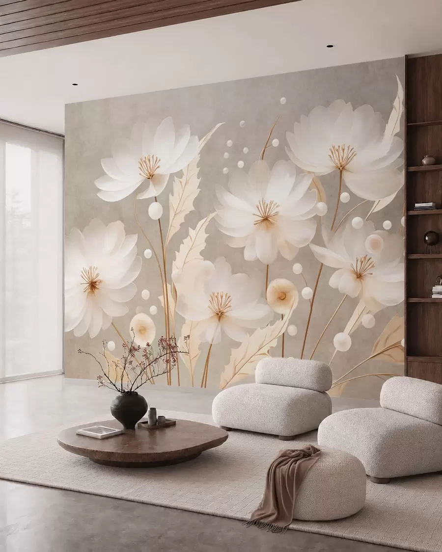 murales de pared Grandes flores blancas con hojas decorativas sobre un fondo gris w05857