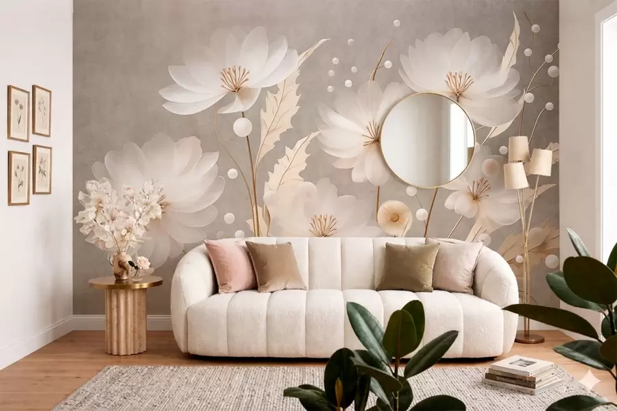 murales de pared Grandes flores blancas con hojas decorativas sobre un fondo gris w05857