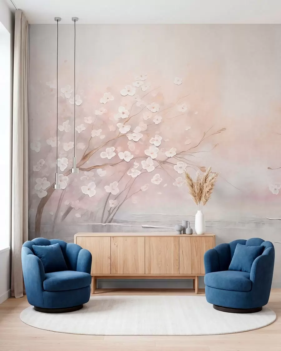 murales de pared Ramas en flor sobre aguas tranquilas en suaves tonos rosados w05858