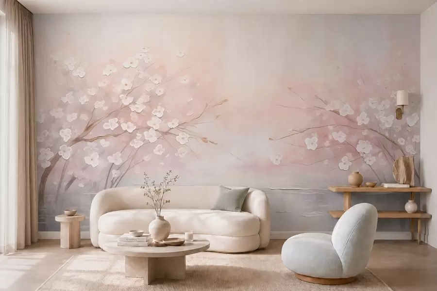 murales de pared Ramas en flor sobre aguas tranquilas en suaves tonos rosados w05858