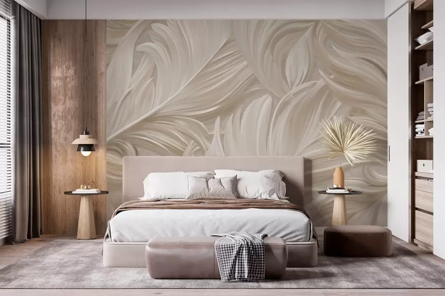 murales de pared Una pluma grande, pintada y curvada en cálidos tonos beige w05757