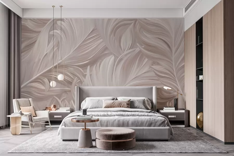murales de pared Una pluma grande, pintada y curvada en tonos rosa perla w05757v1