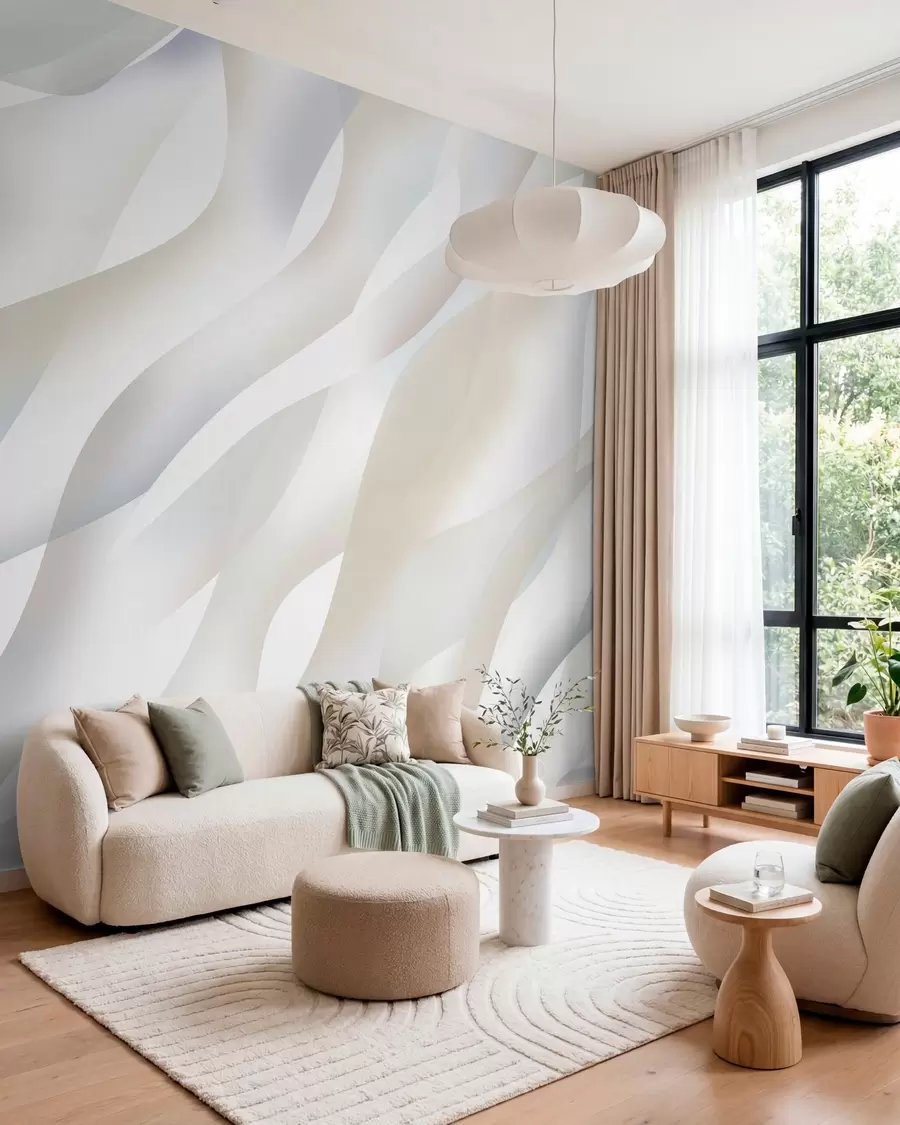 murales de pared Olas abstractas en tonos grises y beige sobre un fondo blanco w05758